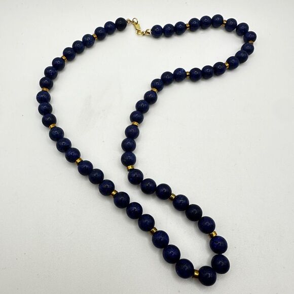 20" Revived 8mm beaded lapis lazuli necklace with gold tone accents, 925 clasp! - Picture 11 of 12